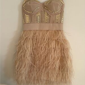 bebe Nude Mini Dress with Gold Studs and Feather Skirt